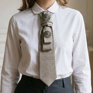 Elegant Arrow Silk Taupe Patterned Statement Tie Necklace With Sun Medallions